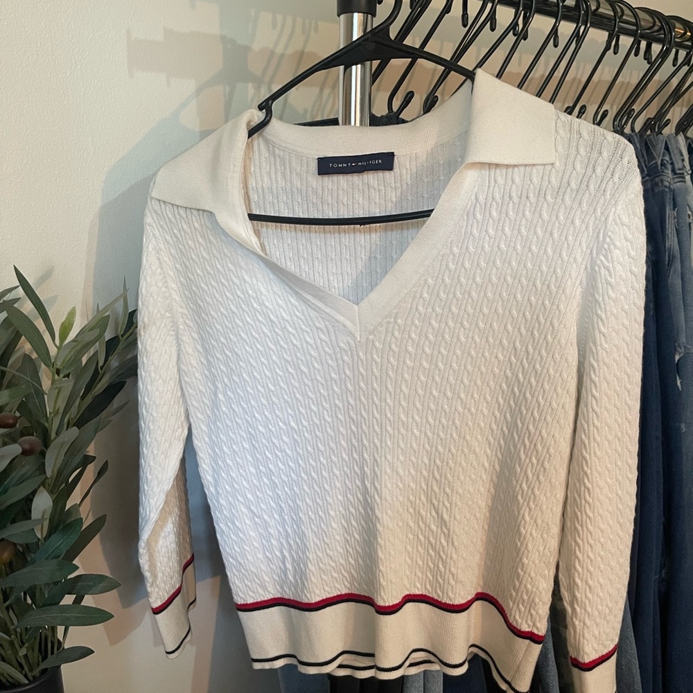 Tommy Hilfiger White Knit Sweater with Red Accents